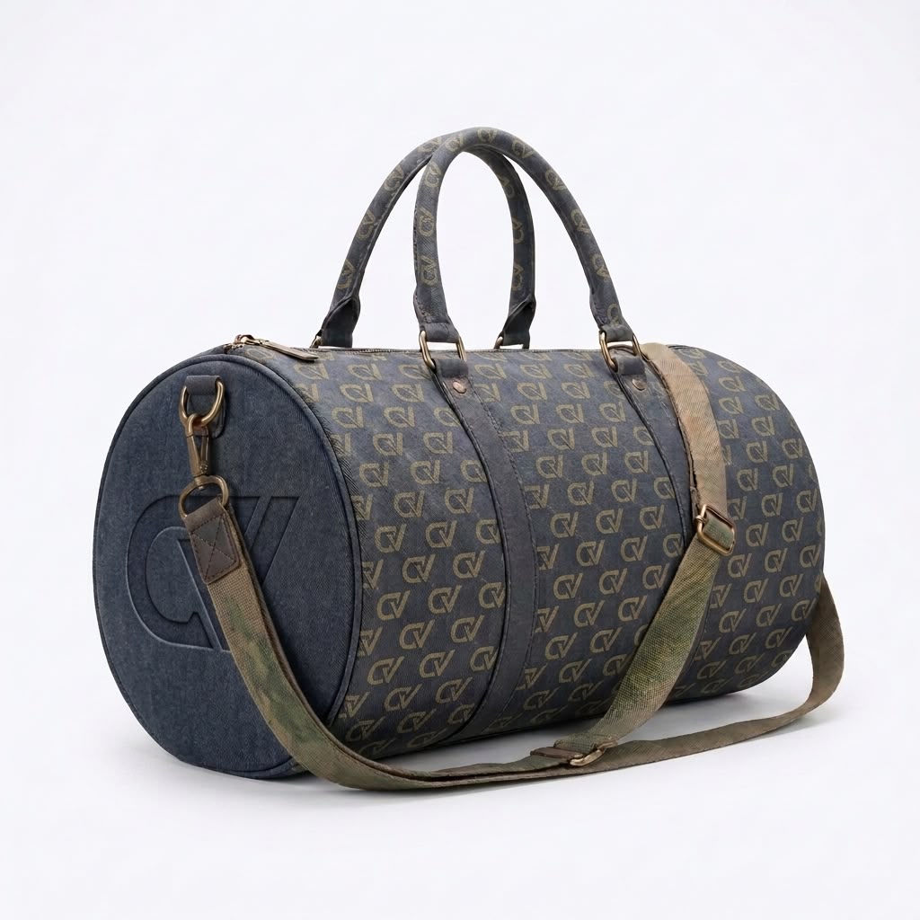 A cylindrical duffel bag with a dark navy blue monogram pattern, featuring dark gray handles, a matching monogram canvas body, a dark navy side panel with an embossed logo, and an olive green shoulder strap.