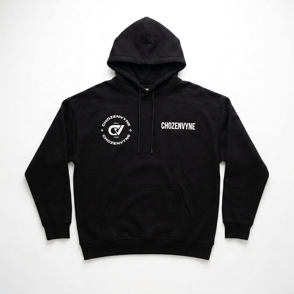A black pullover hoodie with white printed graphics, featuring a circular logo on the left chest and the word 'CHOZENVYNE' on the right chest, laid flat against a light gray background.